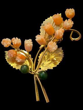Vintage Carved Pink Coral Roses Jade Gold Plated Flower Bouquet 2.25 x 2" Pin